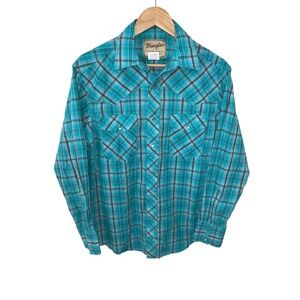 Wrangler Western Fashion Snap Shirt Teal Brown Plaid Long Sleeve Women M